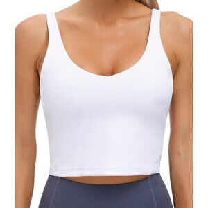🆕Women White Nylon Sport Bra Padded Yoga Tank Top Longline Workout Running Crop